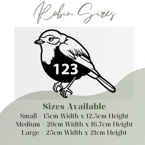 May include: A black and white metal bird-shaped house number sign with the number 123. The sign is available in three sizes: small (5.9 in wide x 4.9 in high), medium (7.9 in wide x 6.6 in high), and large (9.8 in wide x 8.3 in high).