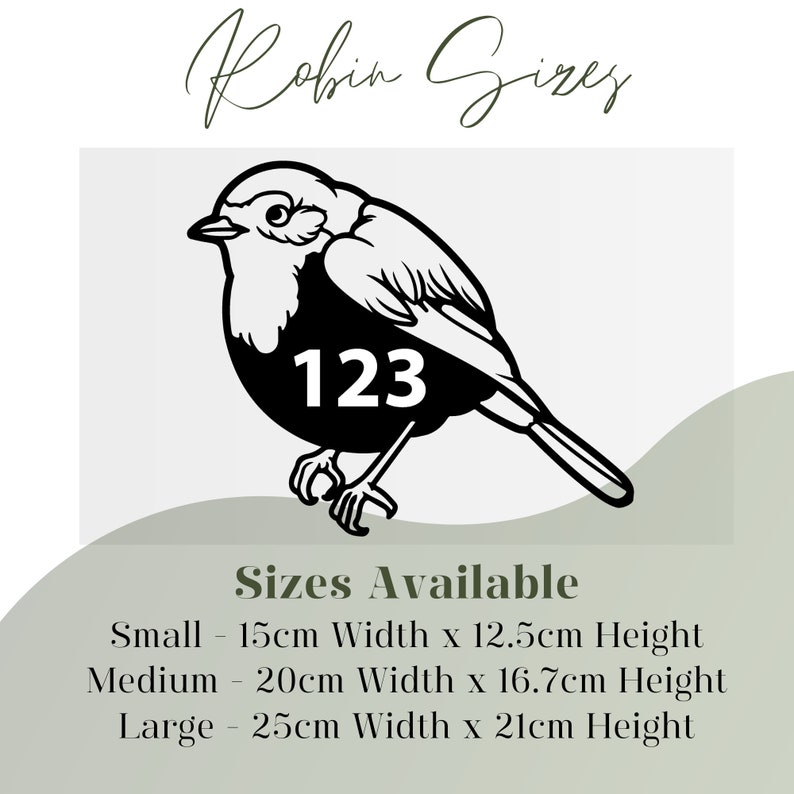 May include: A black and white metal bird-shaped house number sign with the number 123. The sign is available in three sizes: small (5.9 in wide x 4.9 in high), medium (7.9 in wide x 6.6 in high), and large (9.8 in wide x 8.3 in high).