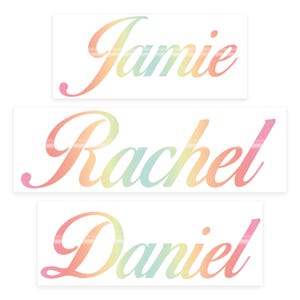 May include: Three rectangular stickers with names in a cursive font. The names are "Jamie", "Rachel", and "Daniel". Each name is in a gradient of pastel colors, including pink, orange, yellow, and blue.