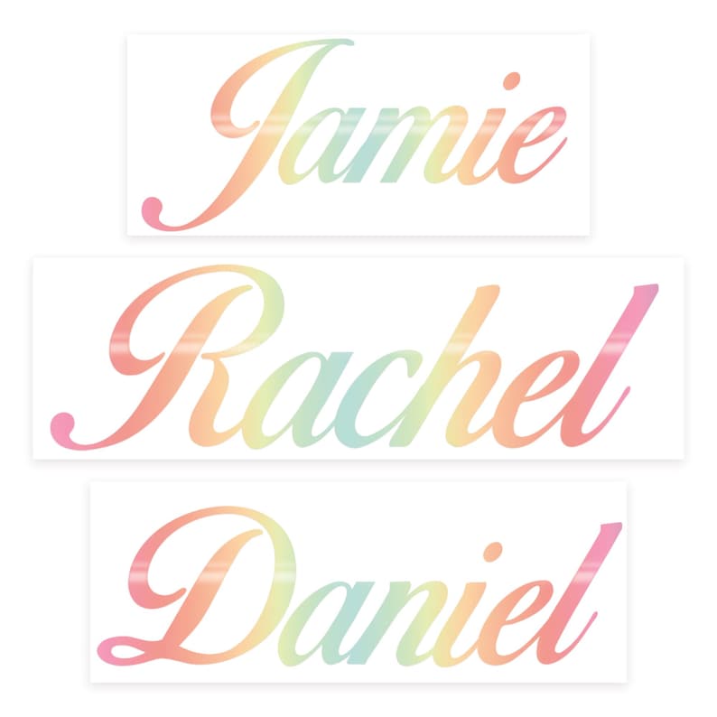 May include: Three rectangular stickers with names in a cursive font. The names are "Jamie", "Rachel", and "Daniel". Each name is in a gradient of pastel colors, including pink, orange, yellow, and blue.
