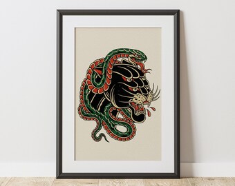 Traditional Tattoo - Panther Poster: Tattoo Style Art Poster | Vintage Design | Classic Ink Wall Art | Alternative Home Decor