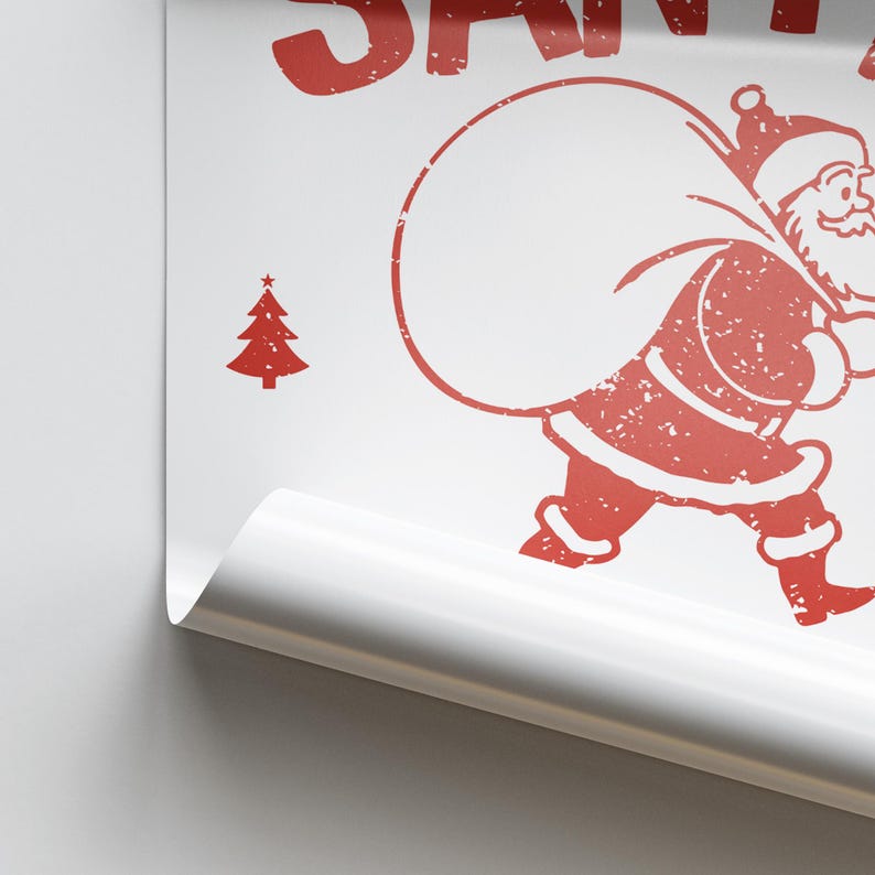 May include: Red and white distressed graphic of Santa Claus carrying a bag of gifts. The graphic includes the text "SANTA".