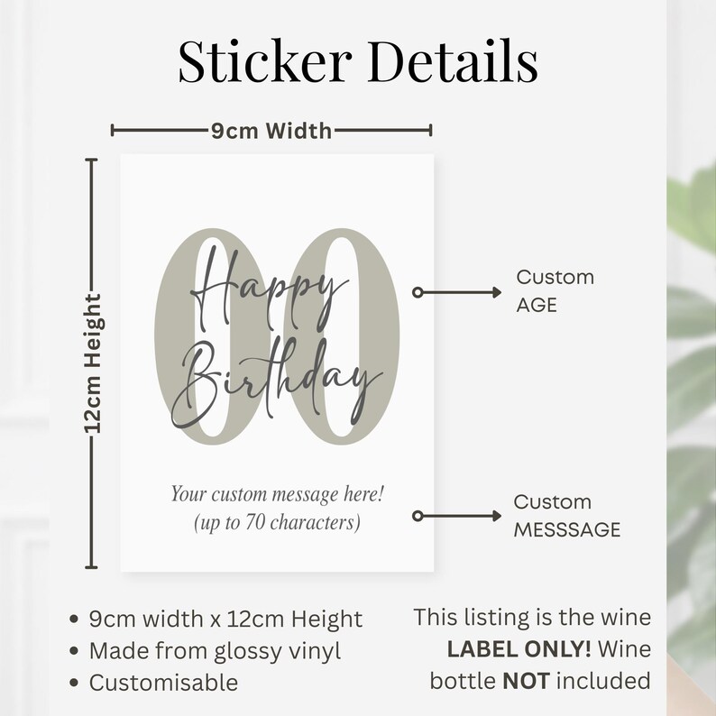 May include: A white sticker with the text "Happy Birthday" and a space for a custom message. The sticker is 9cm wide and 12cm high, made of glossy vinyl. The listing is for the label only.