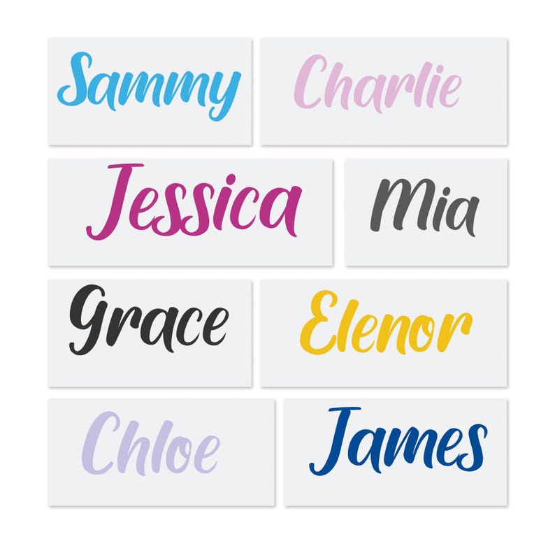 May include: Rectangular white labels with names in various colors. Names include "Sammy" in blue, "Charlie" in pink, "Jessica" in magenta, "Mia" in gray, "Grace" in black, "Elenor" in yellow, "Chloe" in lavender, and "James" in navy.