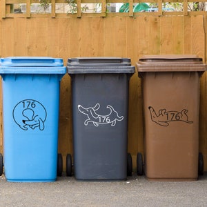 Personalised Wheelie Bin Sticker Dachshund Dog Custom Number Cartoon Sausage Dog House Number Sticker Wheely Bin Dustbin