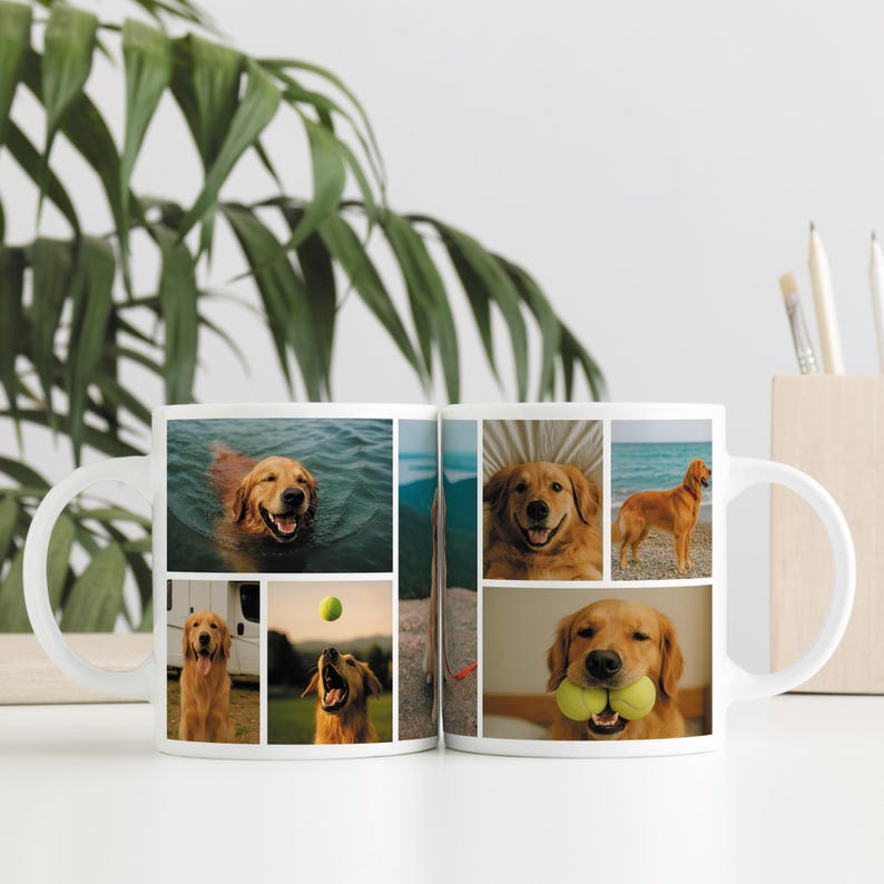 Pode incluir: Caneca de cer&acirc;mica branca com uma colagem de imagens de um Golden Retriever. As fotos mostram o c&atilde;o nadando, brincando com uma bola e posando em uma praia. A caneca tem uma al&ccedil;a curva.