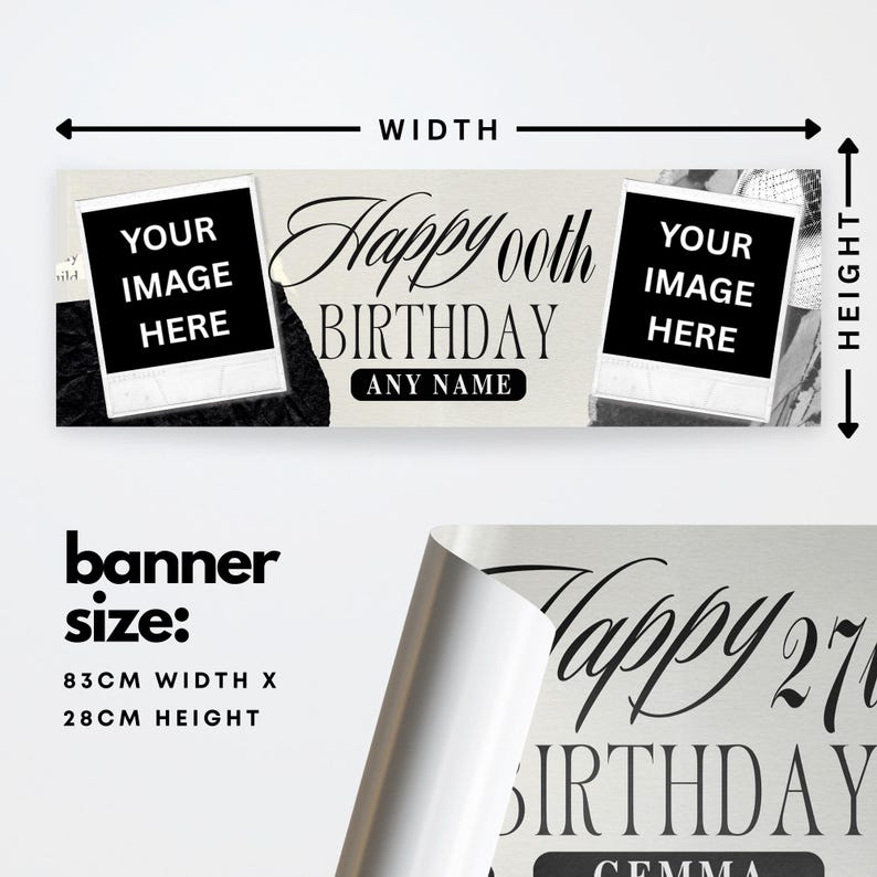 Op de afbeelding: Een banner met de tekst "Happy 00th Birthday" en ruimte voor een aangepaste naam. De banner is 83 cm breed en 28 cm hoog, met ruimte voor twee afbeeldingen. De banner heeft een lichte achtergrond met zwarte tekst.