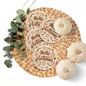 Hello Autumn Coaster Set 01: Autumn Coasters, Fall Decor, Autumnal Wooden Coasters, Seasonal Rustic Home Decor, Halloween, Cosy Home Decor