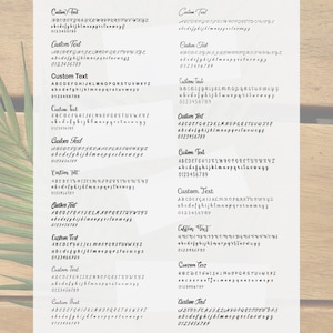 May include: A collection of 10 different fonts, each with the alphabet, numbers, and the word "Custom Text". The fonts are all handwritten and have a casual, informal style.
