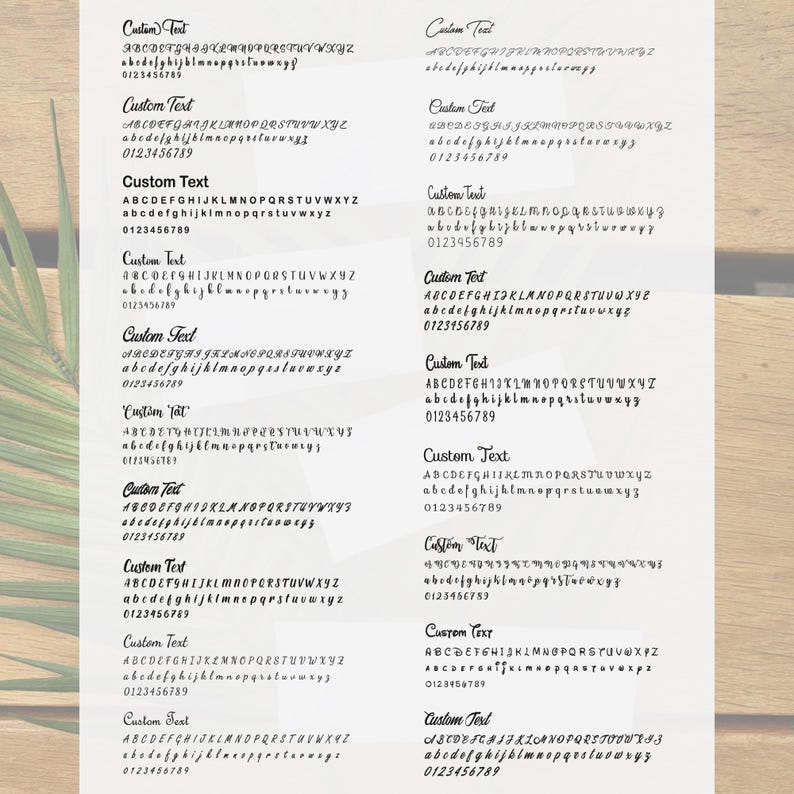 May include: A collection of 10 different fonts, each with the alphabet, numbers, and the word "Custom Text". The fonts are all handwritten and have a casual, informal style.