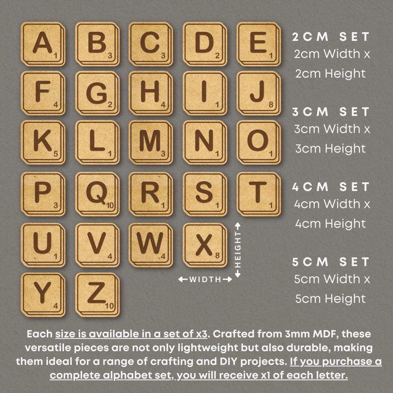 May include: A set of wooden alphabet tiles in various sizes, from 2 cm to 5 cm. Each tile features a letter of the alphabet and a number. The tiles are crafted from 3 mm MDF and are available in sets of three.