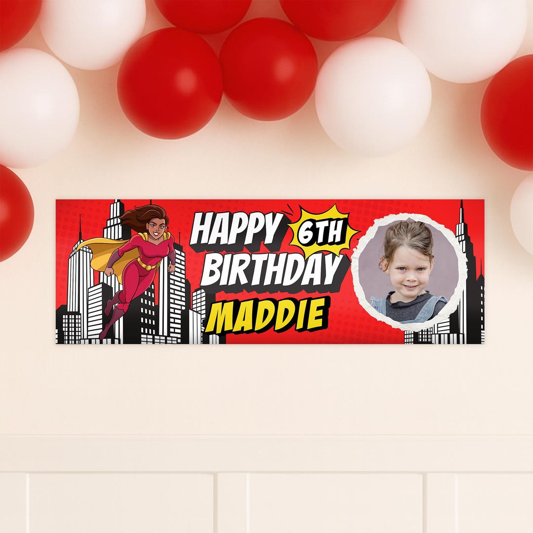 Personalised Superhero Birthday Banner With Photo – Custom Party ...