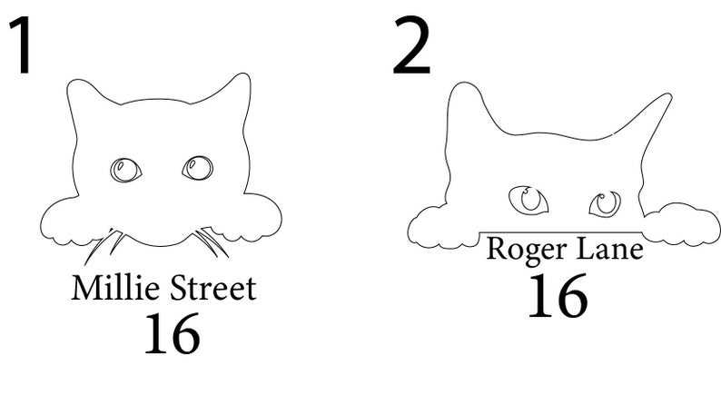 Puede incluir: Dos dibujos lineales de una cara de gato, cada uno con un nombre de calle y un n&uacute;mero diferentes. La primera imagen tiene el texto "Millie Street 16". La segunda imagen tiene el texto "Roger Lane 16".