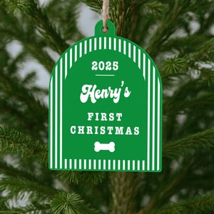 May include: Green Christmas ornament with white vertical stripes and text. The ornament reads "2025", "Henry's FIRST CHRISTMAS", and features a bone graphic. The ornament is hanging from a natural twine string.