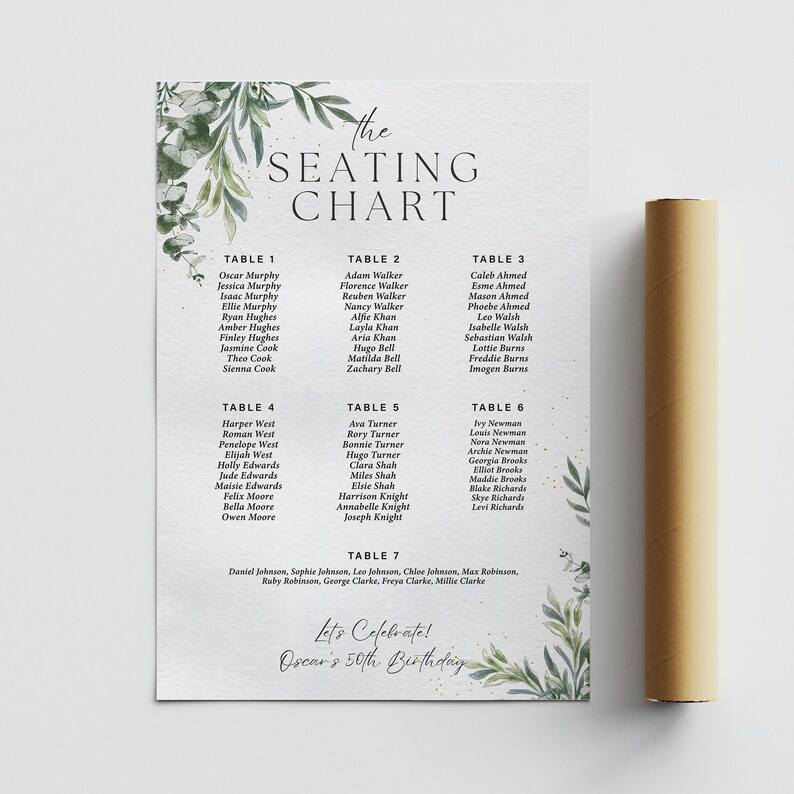 May include: A printed seating chart for a 50th birthday celebration, featuring guest names organized by table. The design includes botanical accents and the text "Let's Celebrate! Oscar's 50th Birthday". A rolled-up poster is on the right.