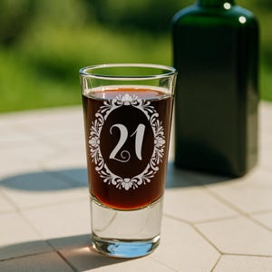 May include: A clear shot glass filled with a dark liquid, featuring the number "21" in a white, ornate oval design. The glass is on a light-colored surface, with a green bottle blurred in the background. The shot glass is likely for a birthday celebration.