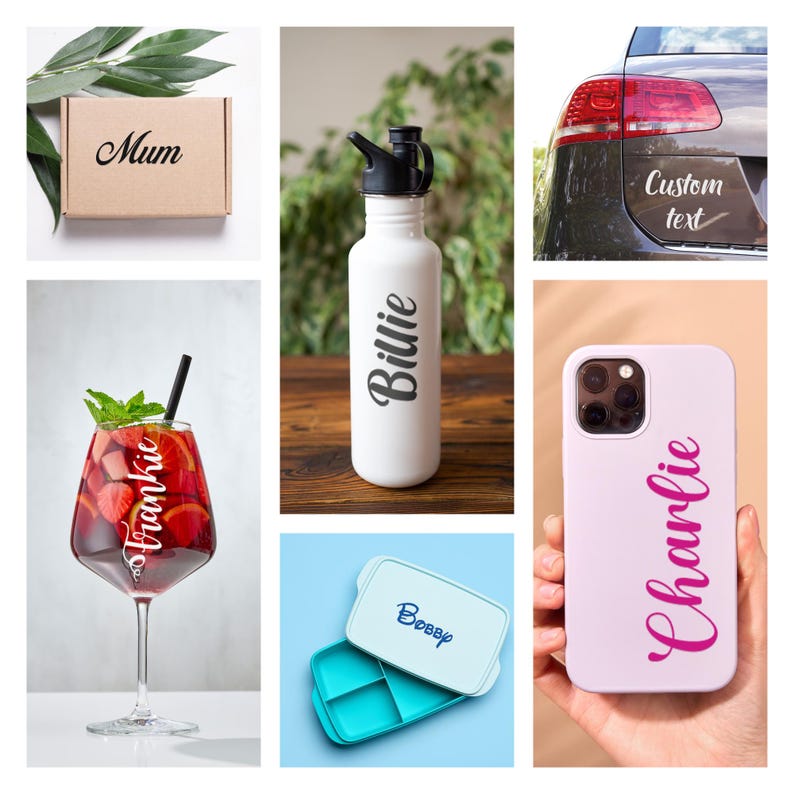 May include: A collage of personalized items, including a brown cardboard box with the word "Mum" printed on it, a white water bottle with the name "Billie" printed on it, a pink phone case with the name "Charlie" printed on it, a blue lunchbox with the name "Bobby" printed on it, and a wine glass with the name "Frankie" printed on it.