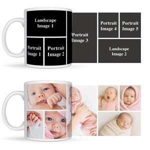 Pode incluir: Caneca de cer&acirc;mica branca com um design de colagem. A caneca apresenta o texto "Landscape Image 1", "Portrait Image 1", "Portrait Image 2", "Portrait Image 3", "Portrait Image 4", "Portrait Image 5" e "Landscape Image 2". A segunda caneca tem fotos de beb&ecirc;s.