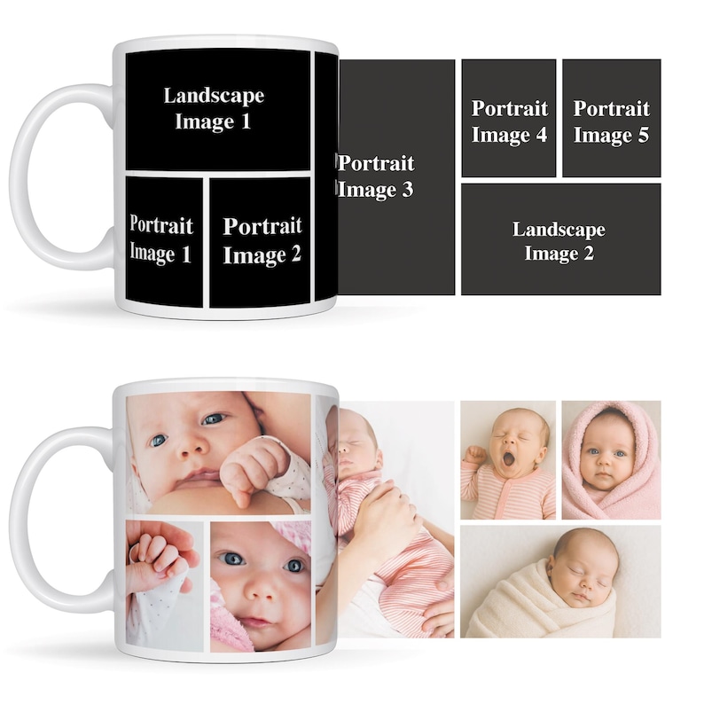Pode incluir: Caneca de cer&acirc;mica branca com um design de colagem. A caneca apresenta o texto "Landscape Image 1", "Portrait Image 1", "Portrait Image 2", "Portrait Image 3", "Portrait Image 4", "Portrait Image 5" e "Landscape Image 2". A segunda caneca tem fotos de beb&ecirc;s.
