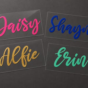 May include: Four clear acrylic name tags with names in various colors. The names are Daisy in pink, Shayne in blue, Alfie in gold, and Erin in teal. The names are in a cursive font.