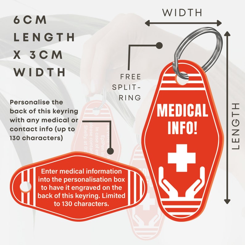 Pode incluir: Chaveiro de etiqueta de chave de motel vermelho com um s&iacute;mbolo m&eacute;dico branco e o texto "MEDICAL INFO!" O chaveiro mede 15,2 cm de comprimento e 7,6 cm de largura. Tem um anel partido gratuito.