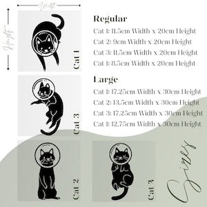 Pode incluir: Quatro adesivos de gato astronauta preto de diferentes tamanhos. Os adesivos est&atilde;o dispon&iacute;veis em dois tamanhos: regular e grande. Os adesivos de tamanho regular medem 11,5 cm de largura e 20 cm de altura. Os adesivos de tamanho grande medem 17,25 cm de largura e 30 cm de altura.