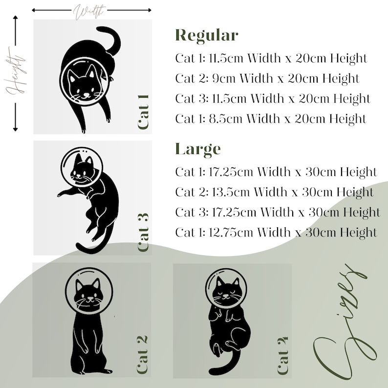 Pode incluir: Quatro adesivos de gato astronauta preto de diferentes tamanhos. Os adesivos est&atilde;o dispon&iacute;veis em dois tamanhos: regular e grande. Os adesivos de tamanho regular medem 11,5 cm de largura e 20 cm de altura. Os adesivos de tamanho grande medem 17,25 cm de largura e 30 cm de altura.