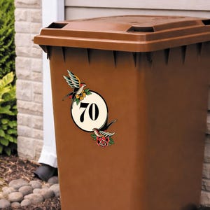 Traditional Tattoo Swallow Bin Sticker | Personalised House Number Wheelie Bin Decal | Old School Bird & Rose Waterproof Vinyl Sticker 画像 2