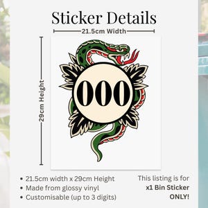 Traditional Tattoo Snake Bin Sticker | Personalised House Number Wheelie Bin Decal | Waterproof Tattoo Snake Bin Label | Alt Home Decor image 4