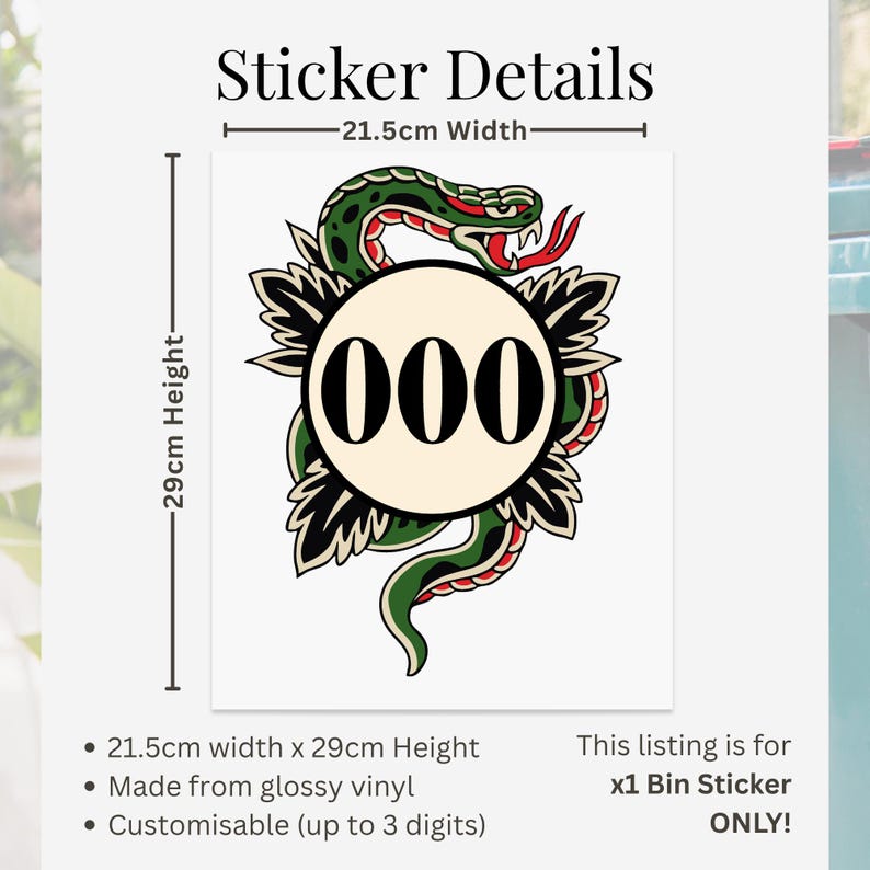 Traditional Tattoo Snake Bin Sticker | Personalised House Number Wheelie Bin Decal | Waterproof Tattoo Snake Bin Label | Alt Home Decor image 4