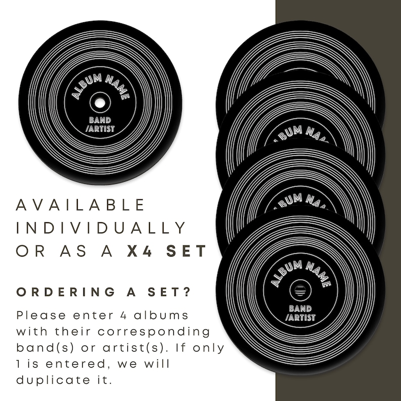 Puede incluir: Cuatro posavasos de vinilo negro y blanco con el texto "Album Name", "Band/Artist" y "Bum NAA". Los posavasos est&aacute;n disponibles individualmente o en un juego de cuatro.