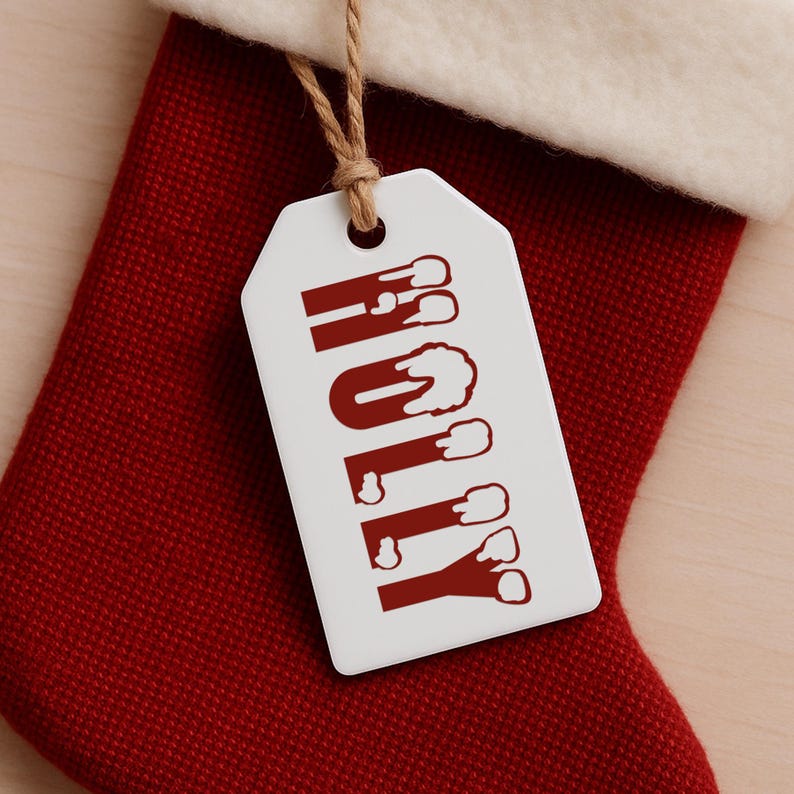 以下が含まれることがあります： 赤い文字で「HOLLY」と書かれた白いギフトタグが、茶色の紐から吊り下げられています。タグは、白いカフが付いた赤いクリスマスストッキングの上に配置されています。文字は、お祭り的で滴るようなデザインです。