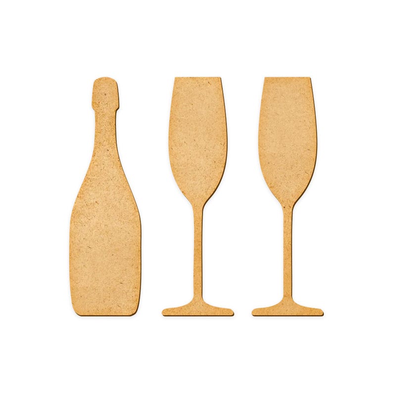May include: Three cardboard cutouts of a champagne bottle and two champagne flutes.
