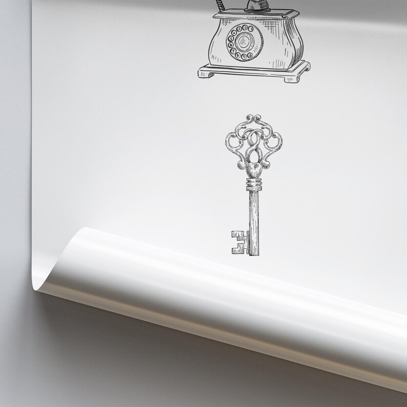 May include: A vintage-style key with intricate details, drawn in black and white on a white background.