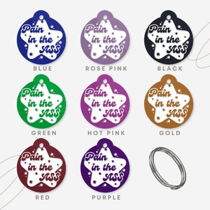 Peut inclure: Neuf porte-cl&eacute;s ronds en forme d'&eacute;toile de diff&eacute;rentes couleurs, chacun avec le texte "Pain in the ASS" en blanc. Les couleurs sont bleu, rose bonbon, noir, vert, rose bonbon, or, rouge, violet et argent.