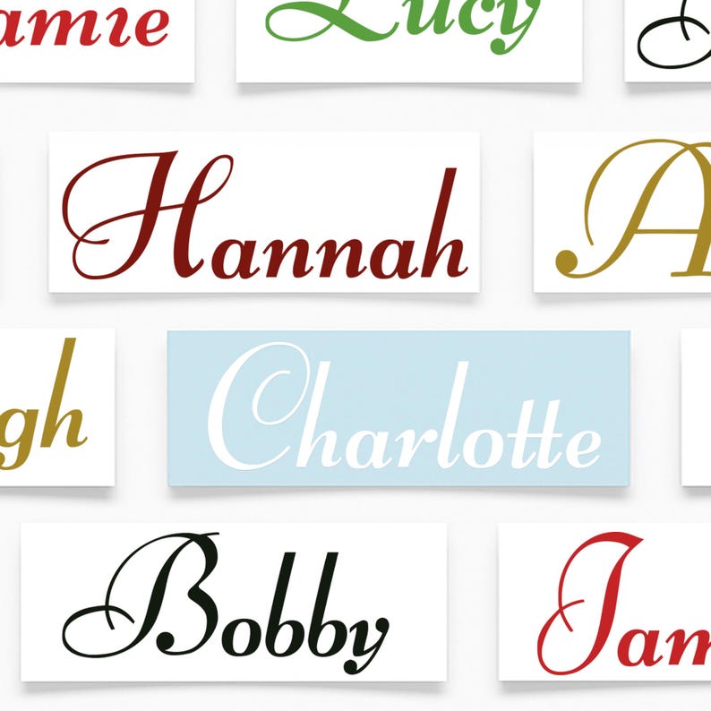 K&ouml;nnte beinhalten: Eine Sammlung von Namensaufklebern in verschiedenen Farben und Schriftarten. Namen wie "Jamie", "Lucy", "Hannah", "Charlotte", "Bobby" und "James" sind zu sehen. Die Namen sind auf rechteckigen Hintergr&uuml;nden, "Charlotte" auf hellblauem Hintergrund.