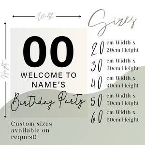 May include: A welcome sign for a birthday party with the text "Welcome to NAME'S Birthday Party" and the number "00". The sign is available in various sizes, from 20 cm x 20 cm to 60 cm x 60 cm.