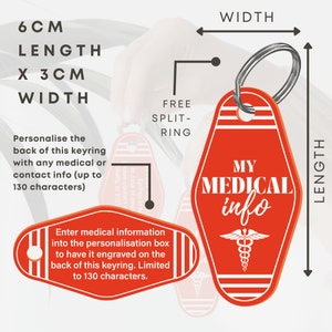 May include: Red motel key tag keychain with a white medical symbol and the text "MY MEDICAL info". The keychain is 6 cm long and 3 cm wide. It has a split ring for attaching to keys.