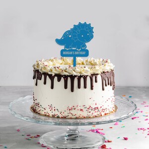 May include: A white cake with chocolate frosting and sprinkles topped with a blue dinosaur cake topper that says "Morgan's Birthday".