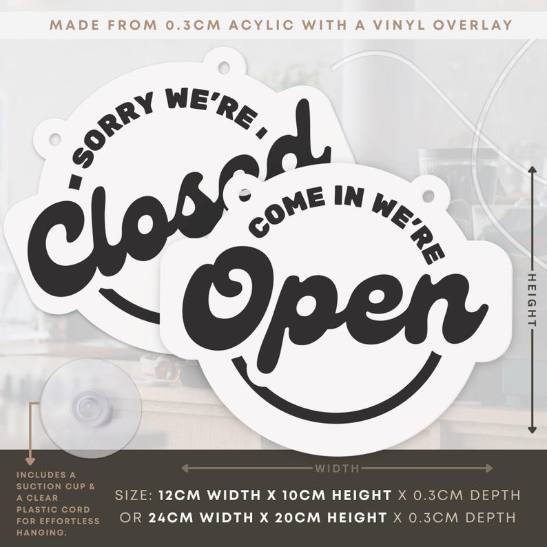 Open & Closed Hanging Shop Sign - Retro Circle: Small Business Shop Door Sign with Suction Cup – Double-Sided Hanging Shop Plaque Decor image 5