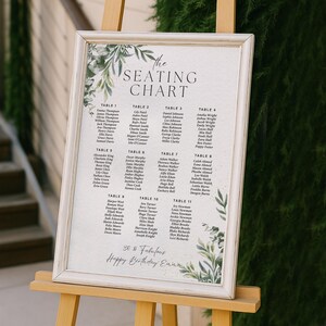 May include: A framed seating chart with a white border, displayed on an easel. The chart features a list of names organized by table number, with floral accents. Text at the bottom reads "30 & Fabulous Happy Birthday Emine."