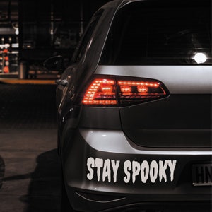 May include: A silver car with a white "Stay Spooky" sticker on the back bumper. The car's taillights are on and the car is parked at night.