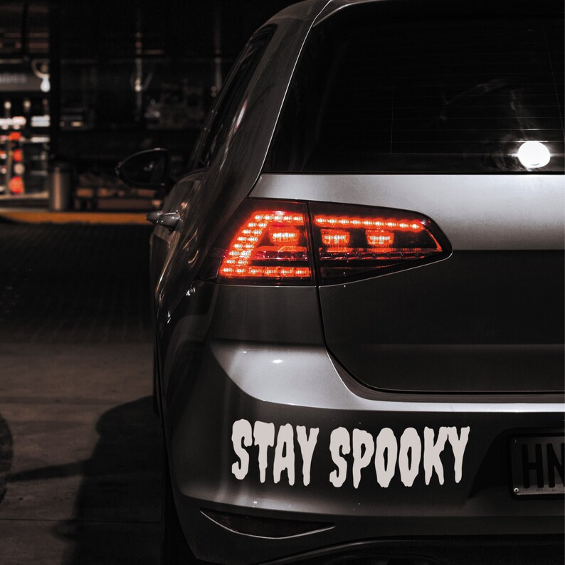 May include: A silver car with a white "Stay Spooky" sticker on the back bumper. The car's taillights are on and the car is parked at night.
