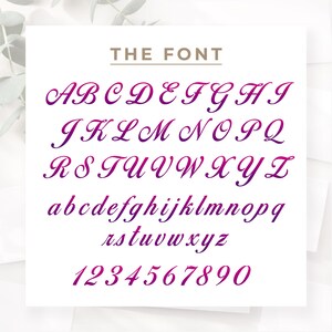May include: A white card displays the text "THE FONT" in a serif font. Below, the alphabet is shown in uppercase and lowercase, along with numbers 1-0, all in a cursive font with a gradient from purple to pink.