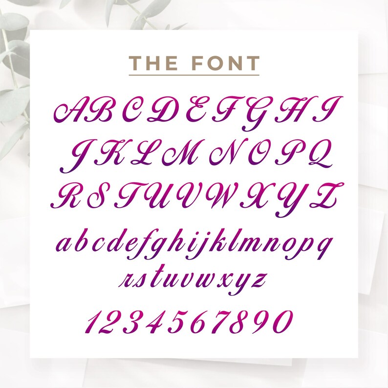 May include: A white card displays the text "THE FONT" in a serif font. Below, the alphabet is shown in uppercase and lowercase, along with numbers 1-0, all in a cursive font with a gradient from purple to pink.
