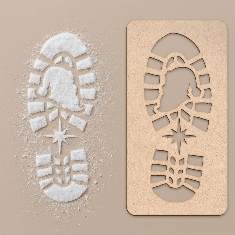 May include: A Christmas-themed image featuring a footprint design. One footprint is made of white powder, depicting Santa Claus and a star. The other is a wooden stencil of the same design. The background is a light tan color.