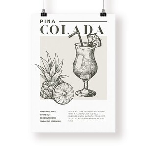 May include: A black and white illustration of a Pina Colada cocktail recipe. The recipe includes pineapple juice, white rum, coconut cream, and a pineapple garnish. The illustration shows a tall glass with a straw and a cherry on top, filled with a drink. There is a pineapple and a slice of pineapple next to the glass.