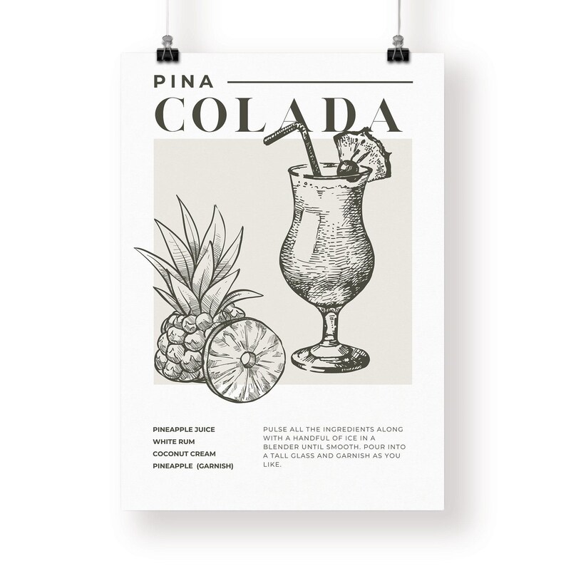 May include: A black and white illustration of a Pina Colada cocktail recipe. The recipe includes pineapple juice, white rum, coconut cream, and a pineapple garnish. The illustration shows a tall glass with a straw and a cherry on top, filled with a drink. There is a pineapple and a slice of pineapple next to the glass.