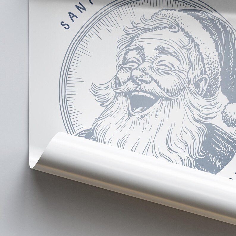 May include: A black and white illustration of Santa Claus laughing. The illustration is in a circle with the word "SANTA" above it.