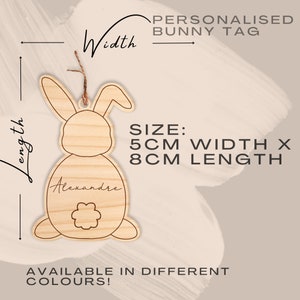 May include: A wooden bunny-shaped tag with a flower on the back. The tag is 5 inches wide and 8 inches long. It is personalized with the name "Alexandre".